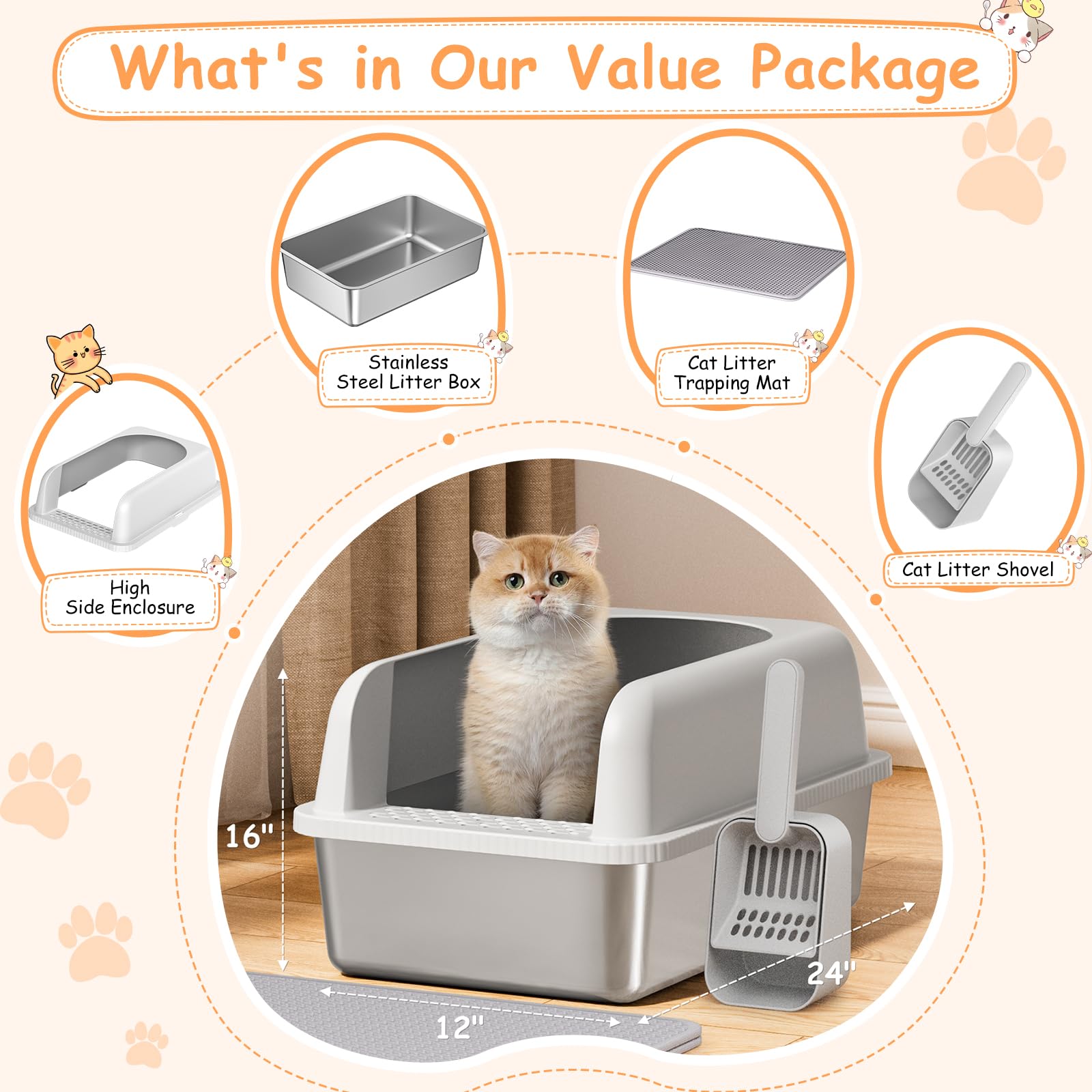 Refrze stainless steel litter box top view shows spacious interior ideal for multiple cats.