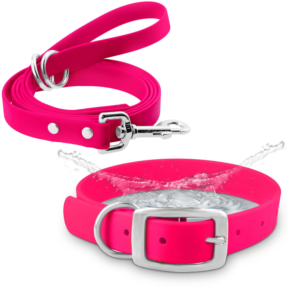 Regal Dog Products large pink waterproof collar and leash set for beach trips and muddy hikes.