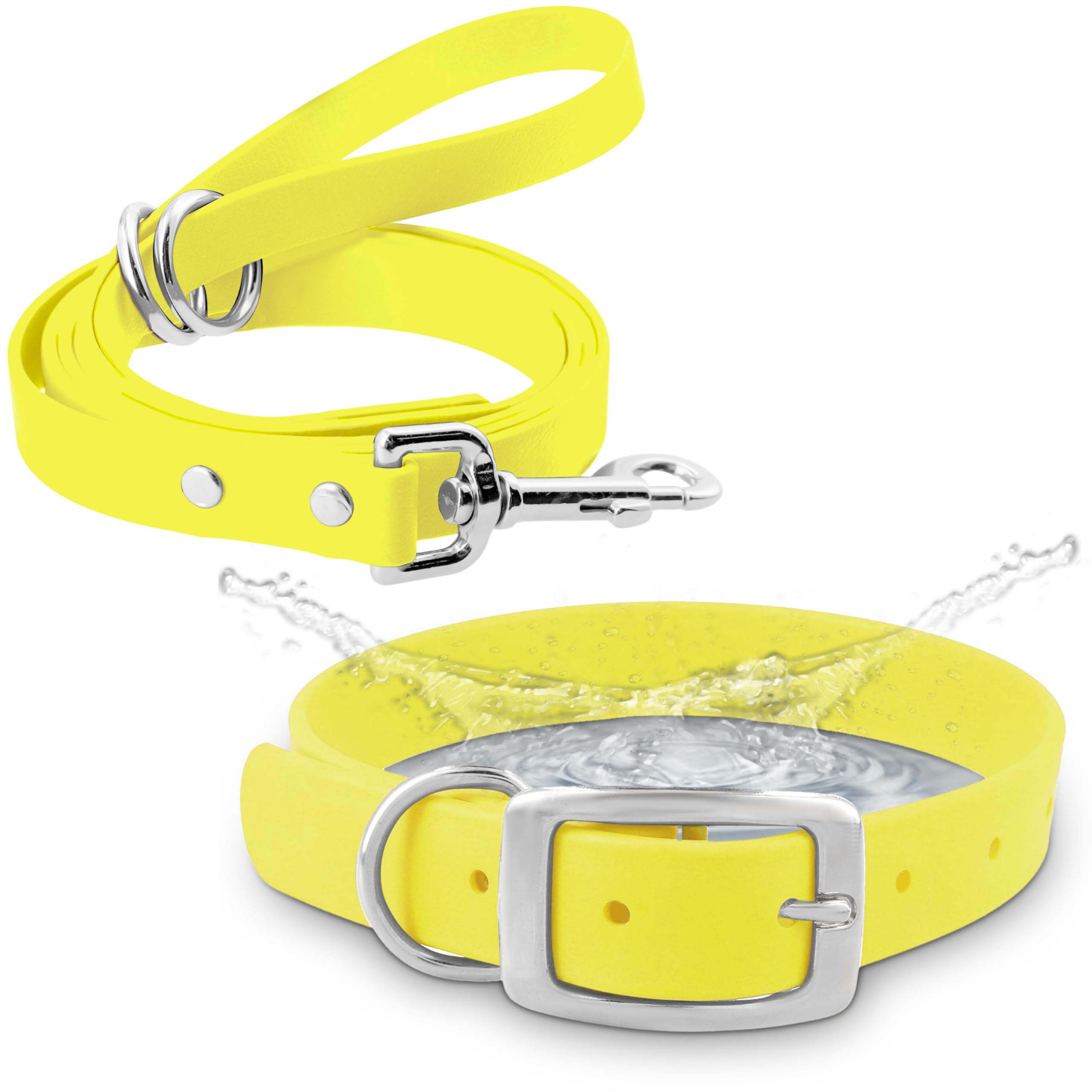 Regal Dog Products large yellow waterproof collar shows durable vinyl coated webbing for rugged outdoor use