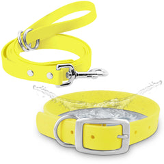 Regal Dog Products large yellow waterproof collar shows durable vinyl coated webbing for rugged outdoor use