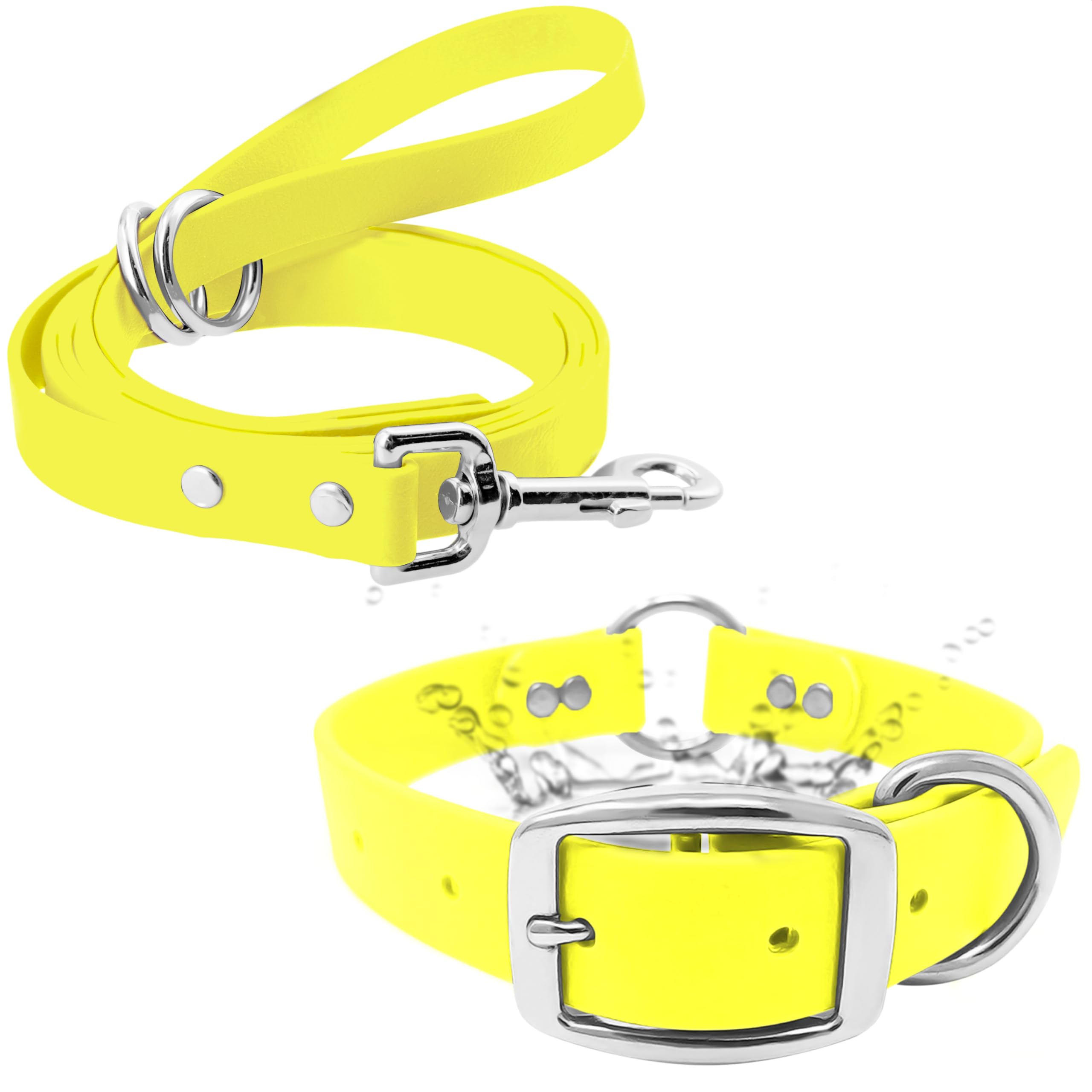 Regal Dog Products small yellow waterproof collar close-up showing adjustable fit for puppies