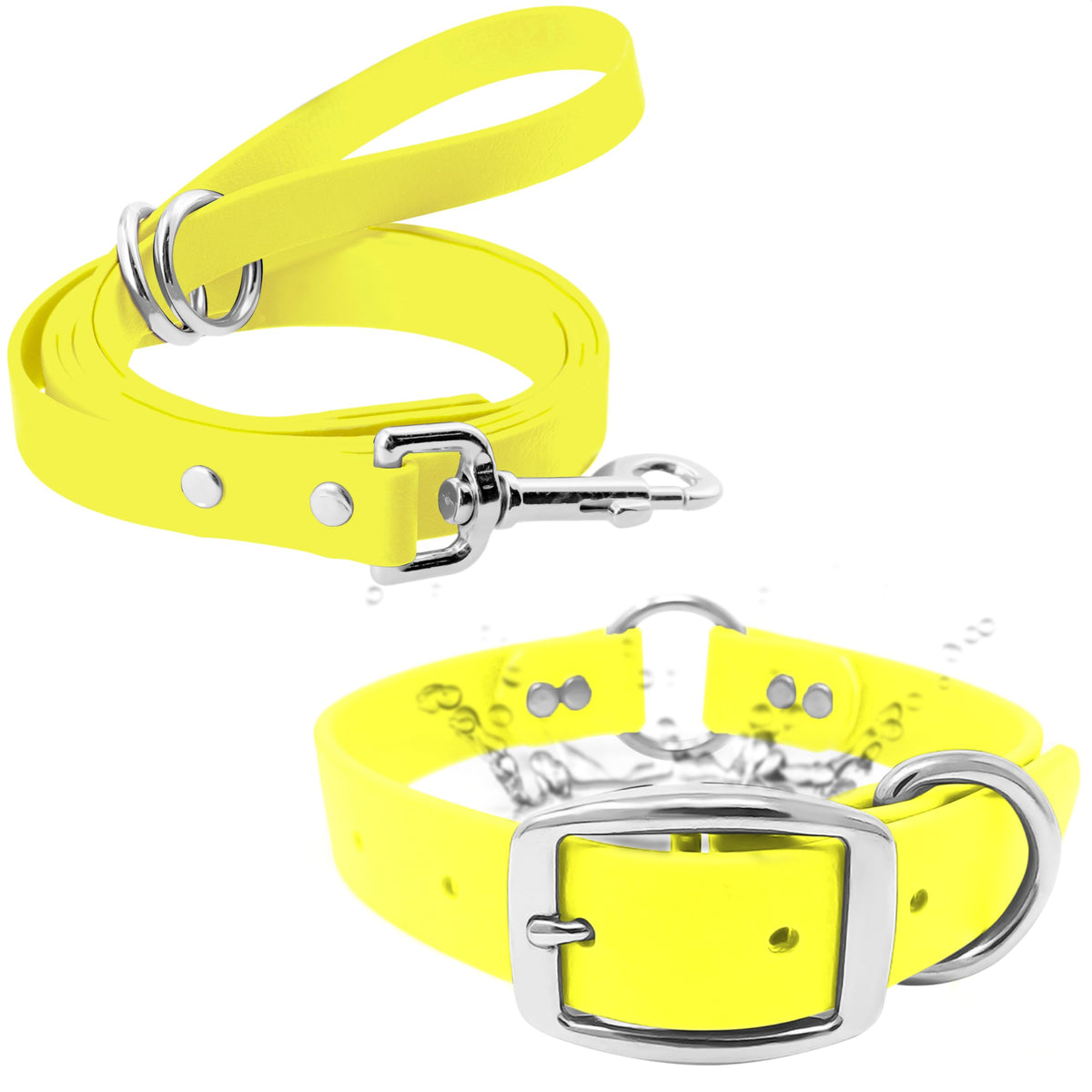 Regal Dog Products small yellow waterproof collar close-up showing adjustable fit for puppies