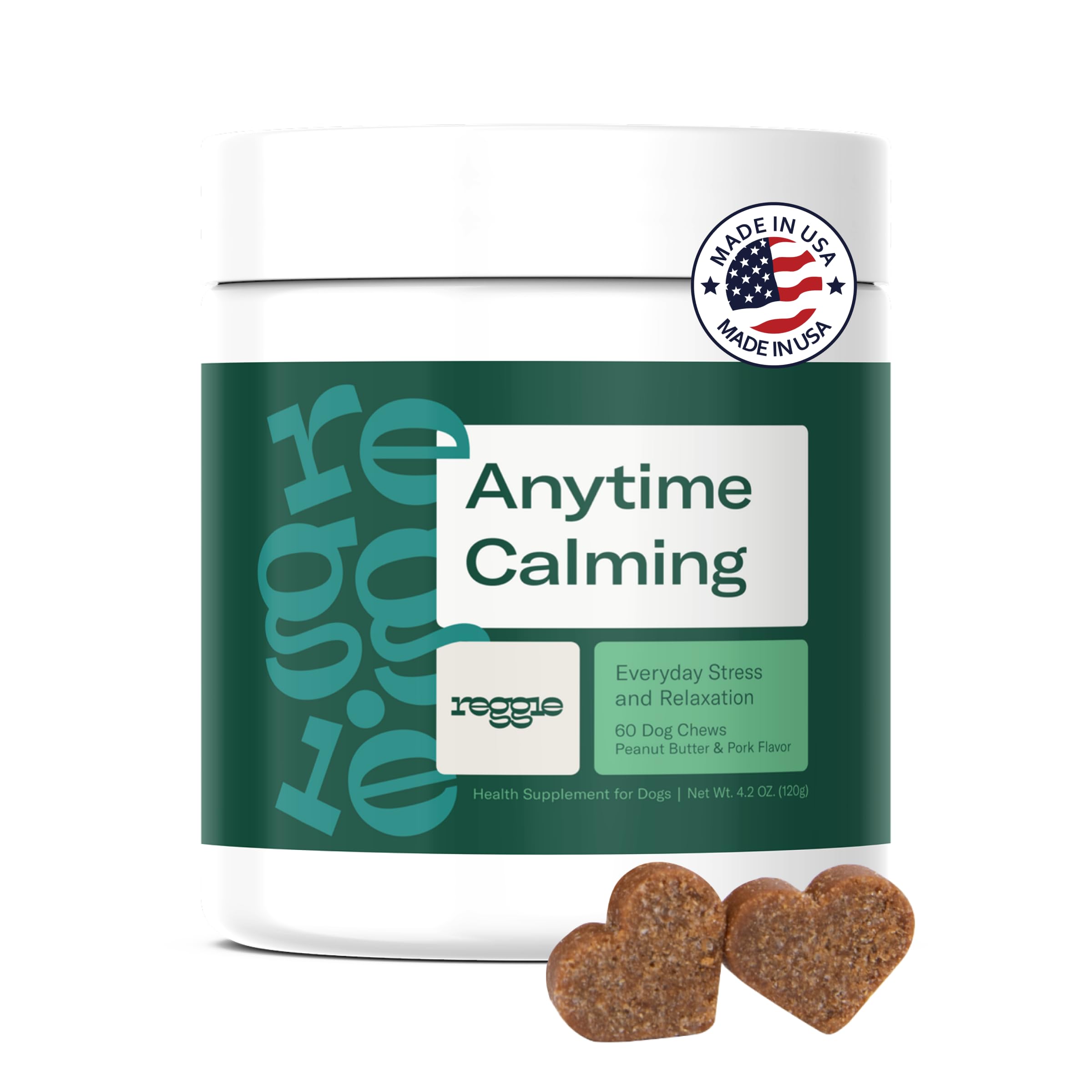 Reggie Anytime Calming Chews dog face close-up supports calm moments during stress.