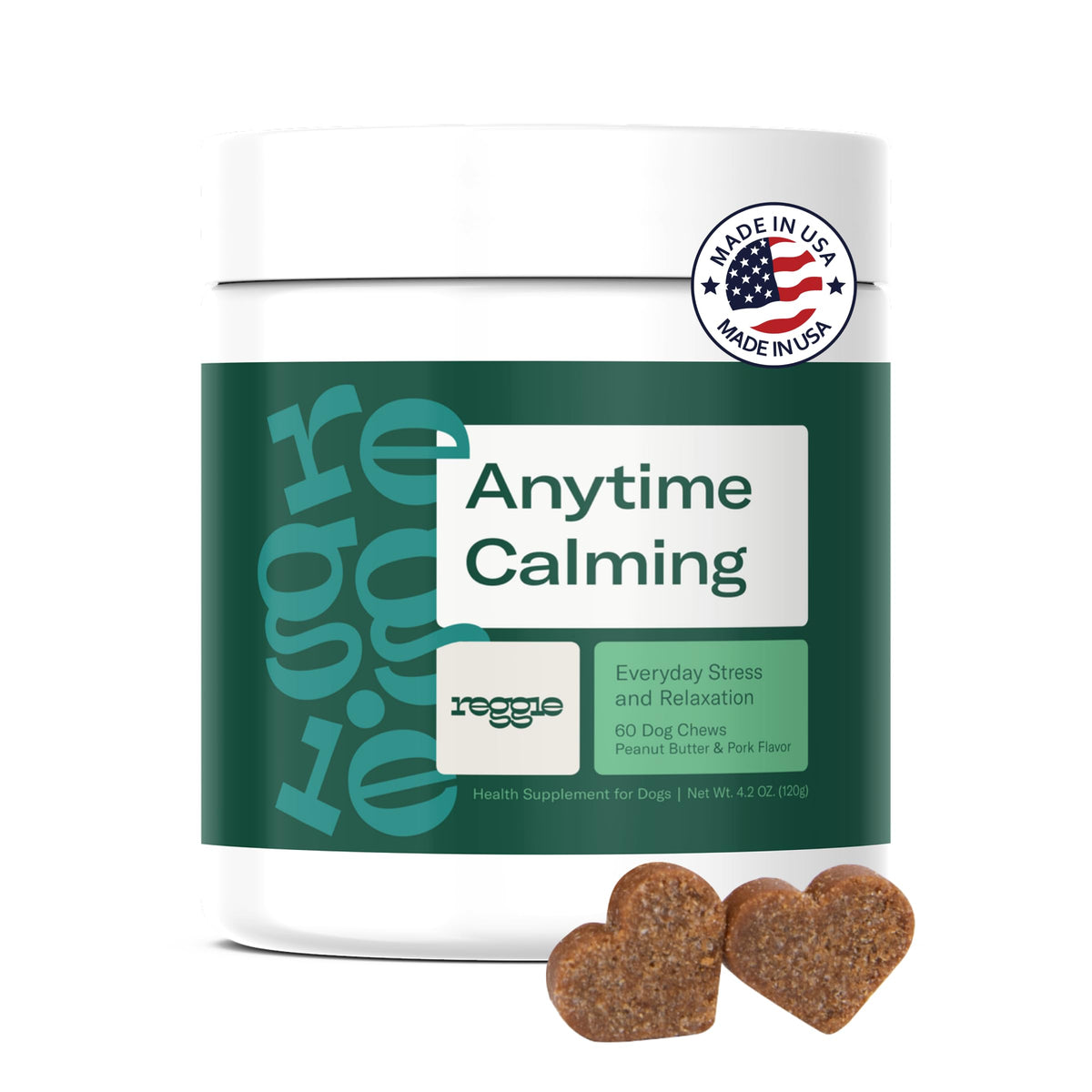 Reggie Anytime Calming Chews dog face close-up supports calm moments during stress.