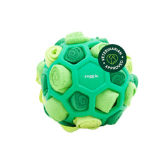Reggie Forager Ball exterior view demonstrates durable enrichment toy for all dog sizes.