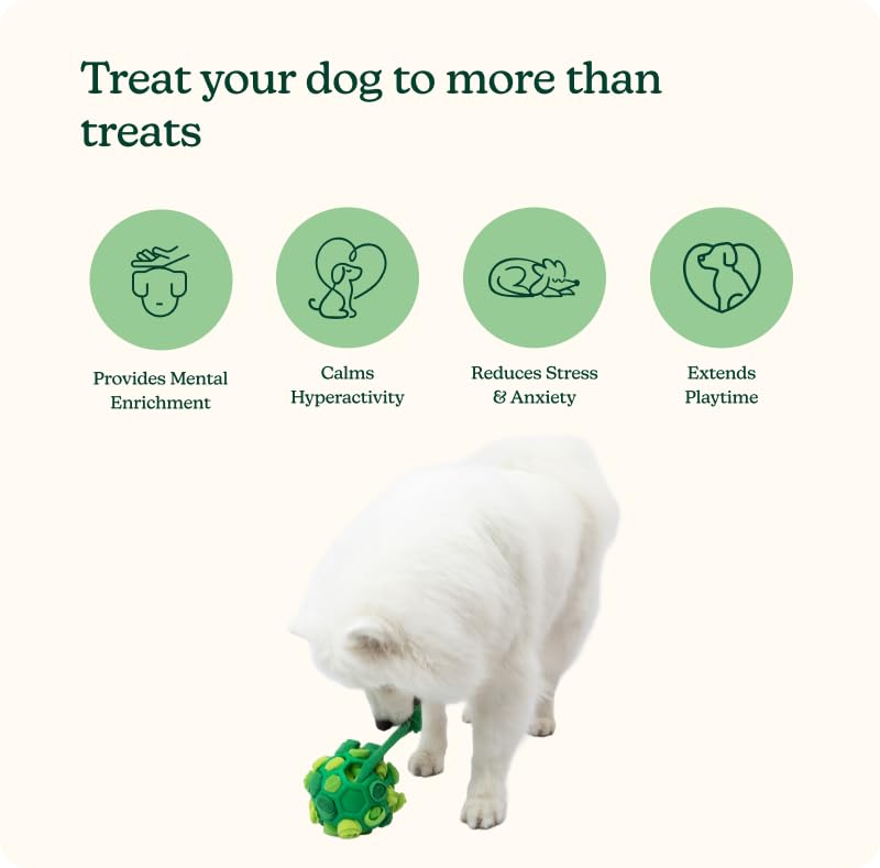 Reggie Forager Ball foraging action while dogs sniff, unroll, and hunt treats.