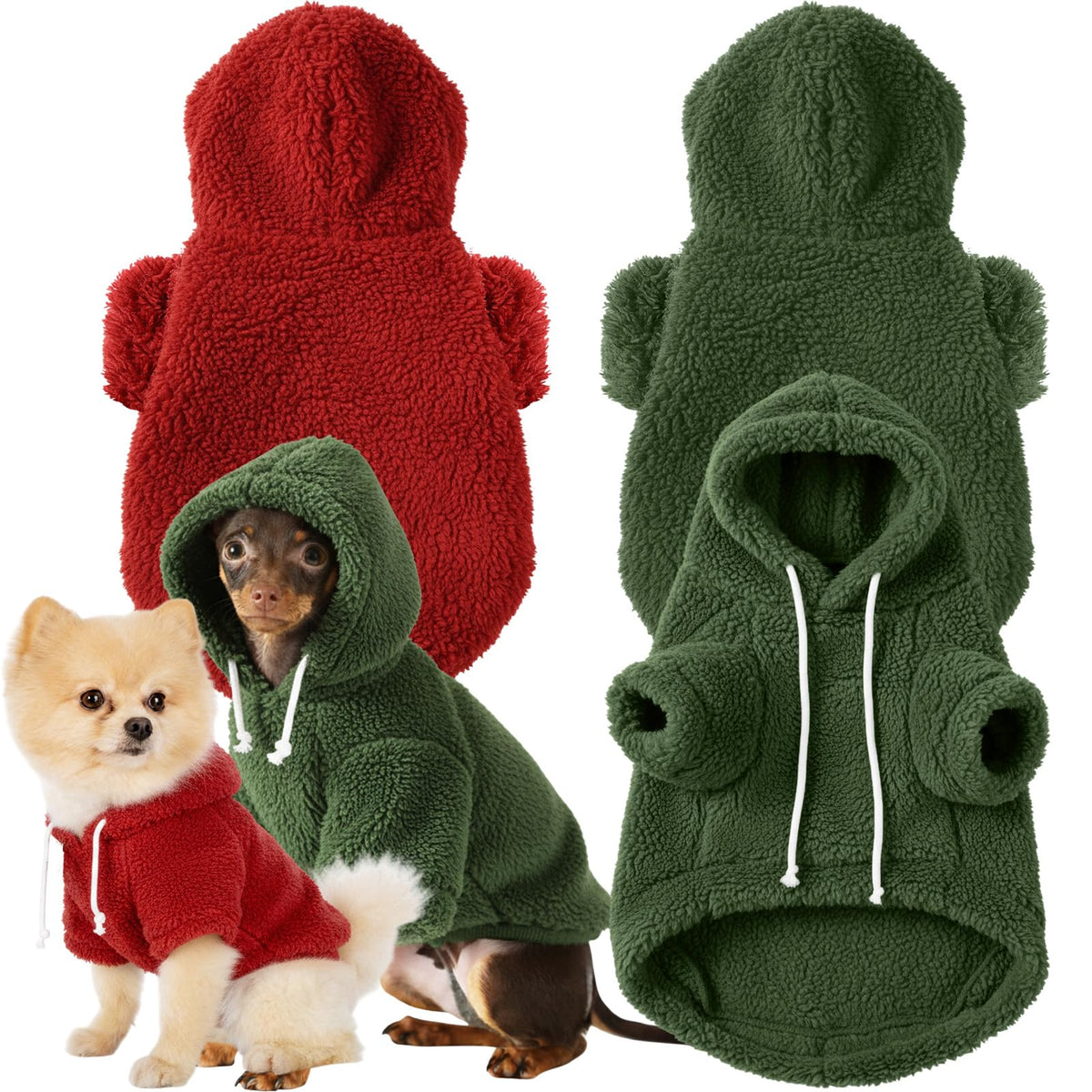 Reginary two-pcs fuzzy dog hoodie green front view, warmth for cold days.