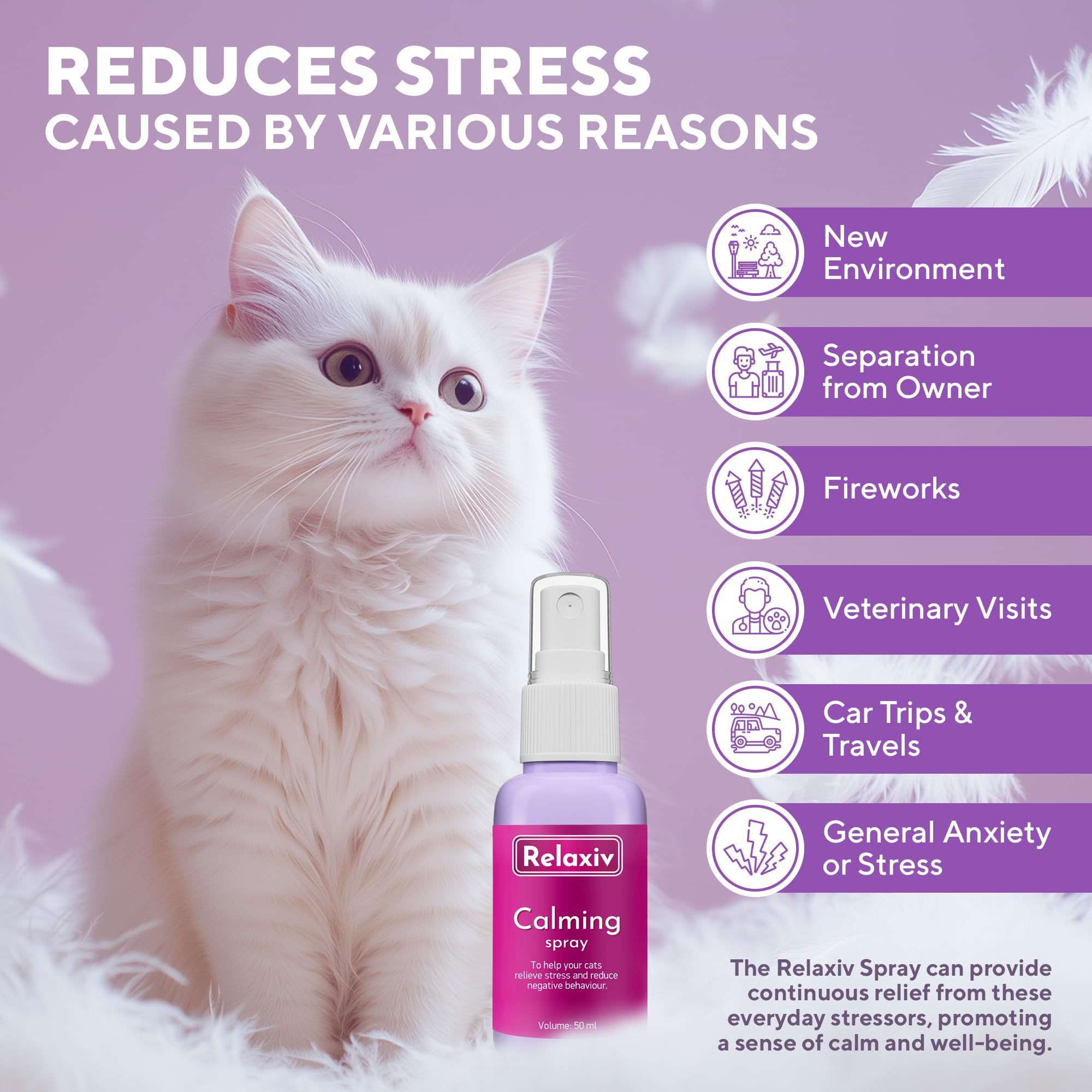 Relaxivet cat relaxing on bed shows soothing spot spray for calmer resting.