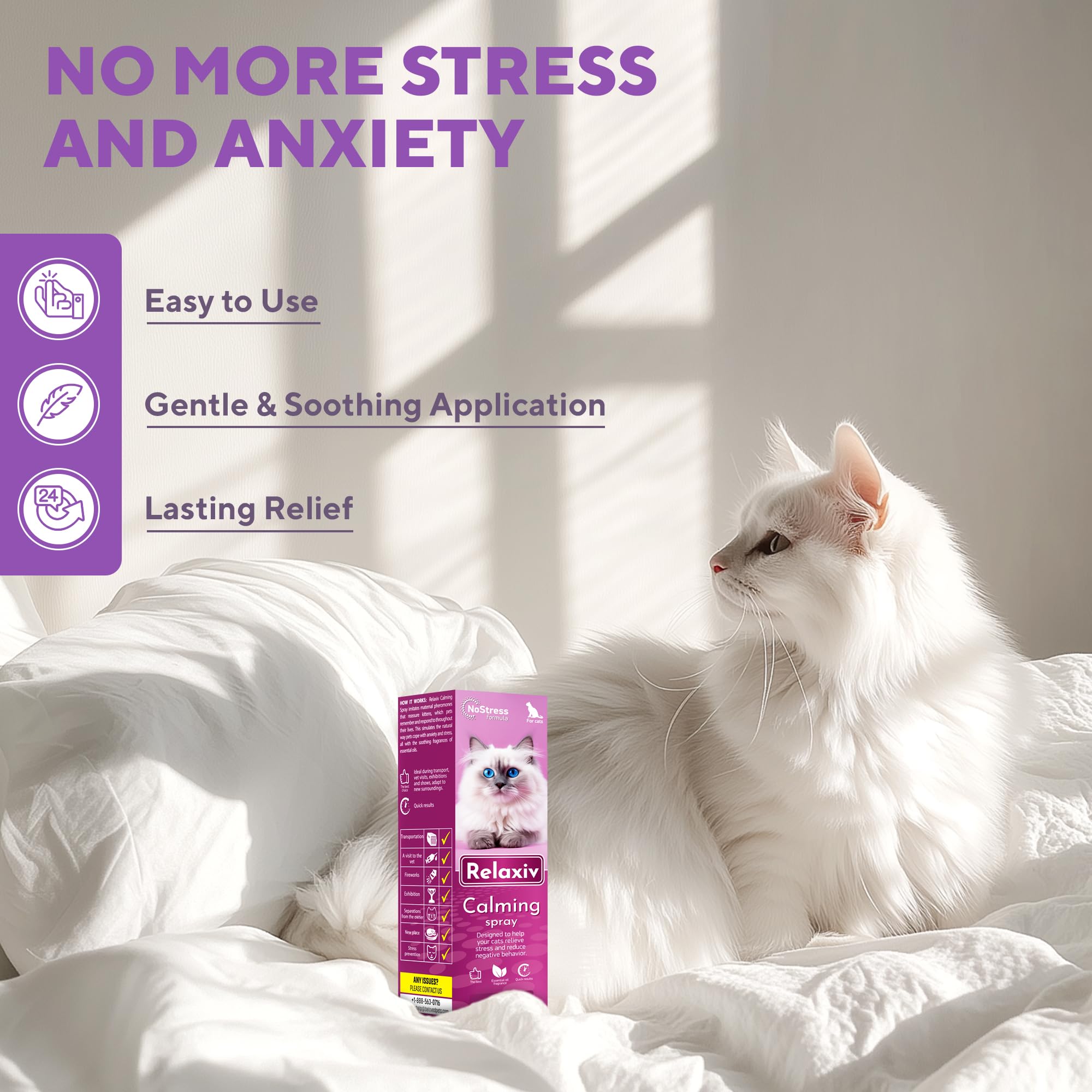 Relaxivet travel spray supports calmer car rides for anxious cats.