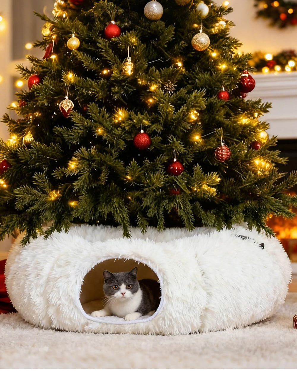 RELAXLATE large cat tunnel bed with white plush exterior invites cozy cuddles.