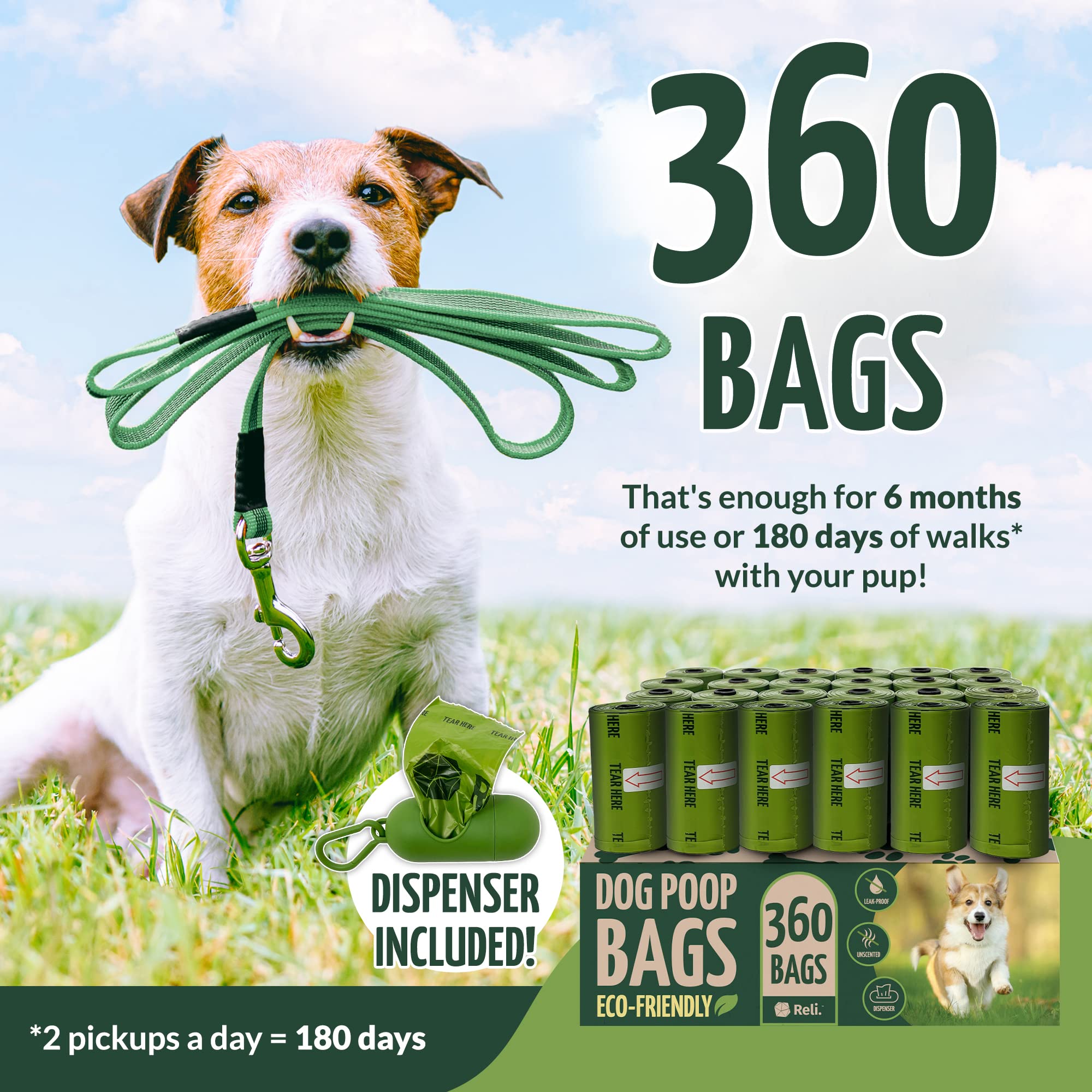 Reli 360 bags 24 rolls packaging showing bulk, eco-friendly supply for frequent walks.
