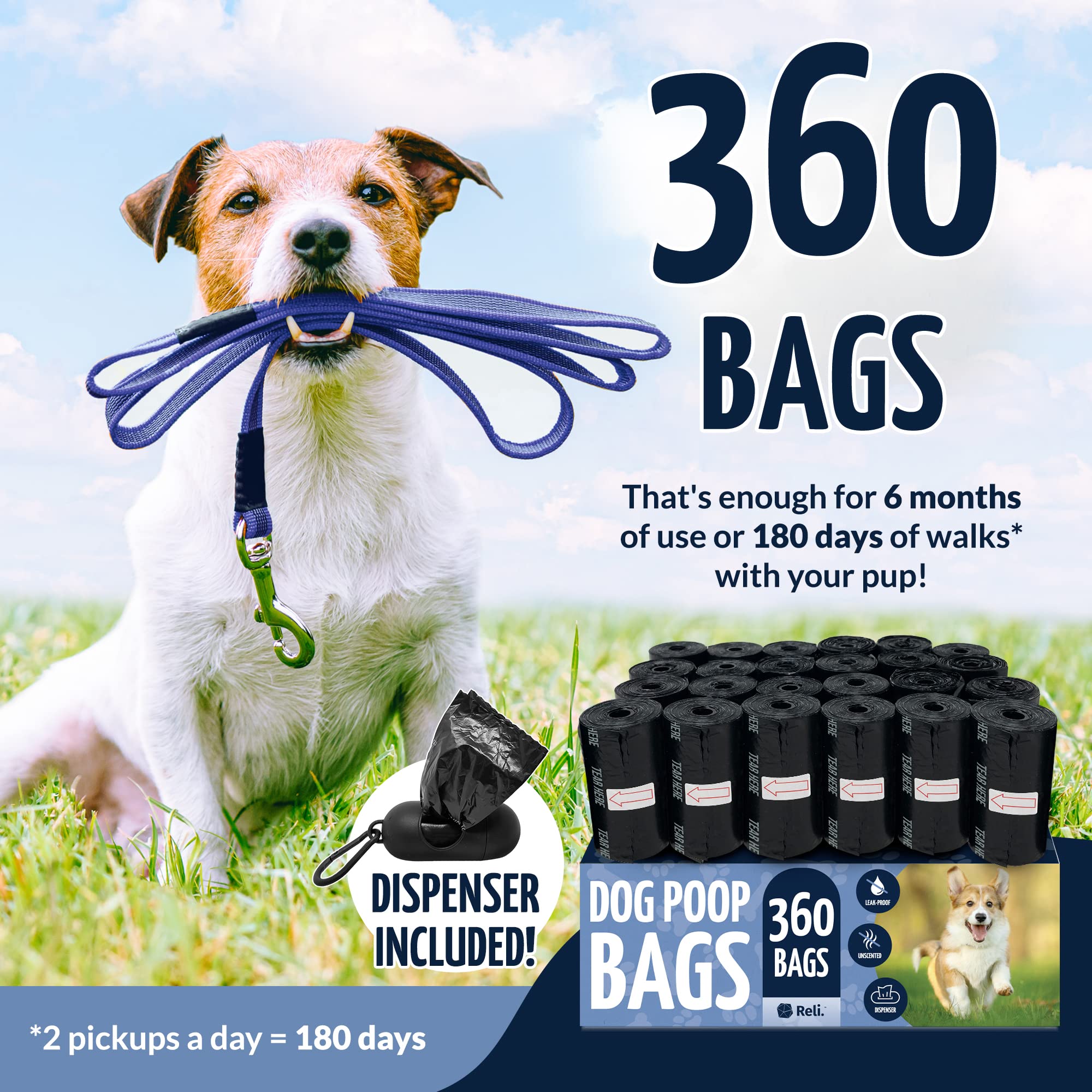 Reli 360-pack dog bags with 24 rolls keeps walks prepared.