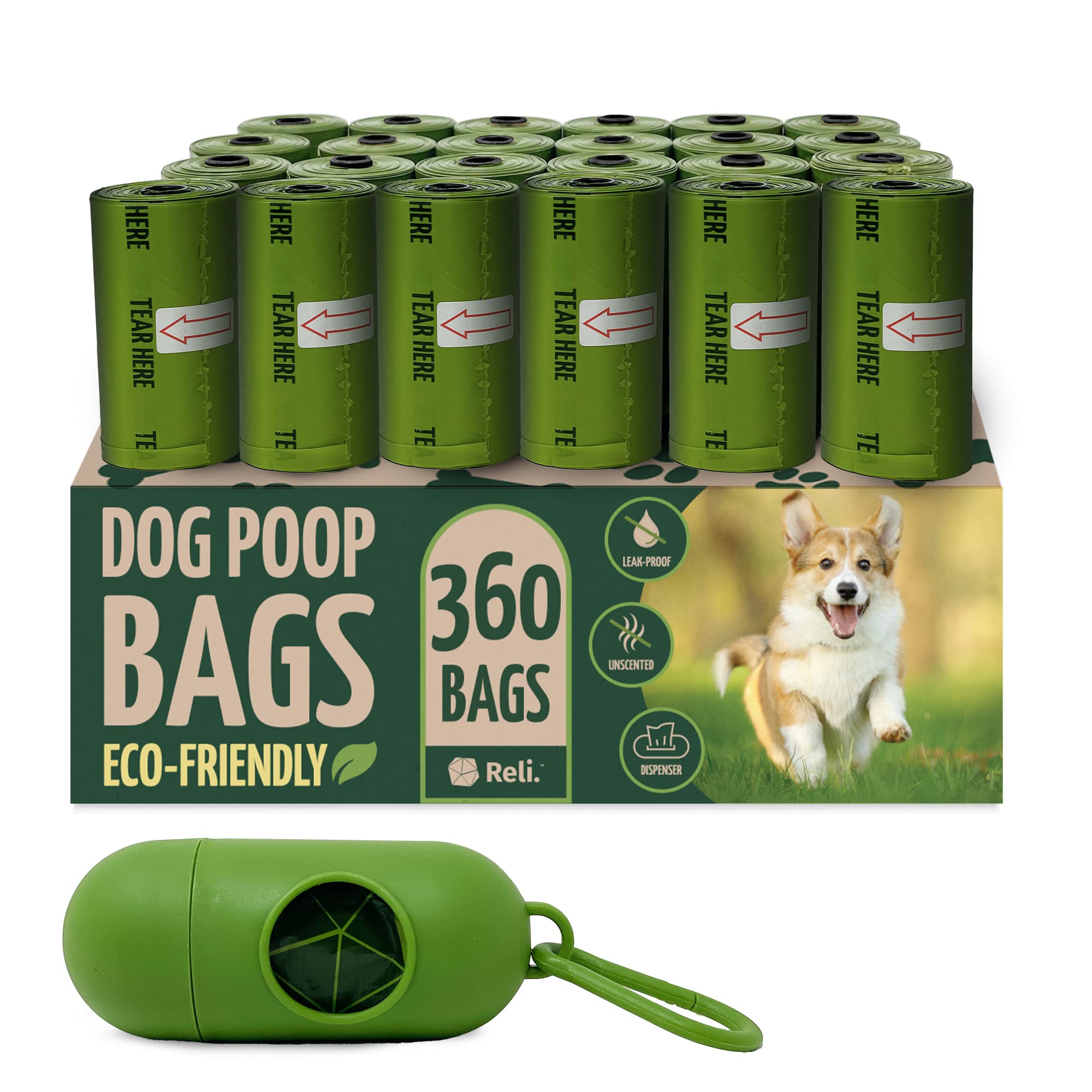 Reli biodegradable dog poop bags with holder and dispenser for quick on-the-go cleanup.