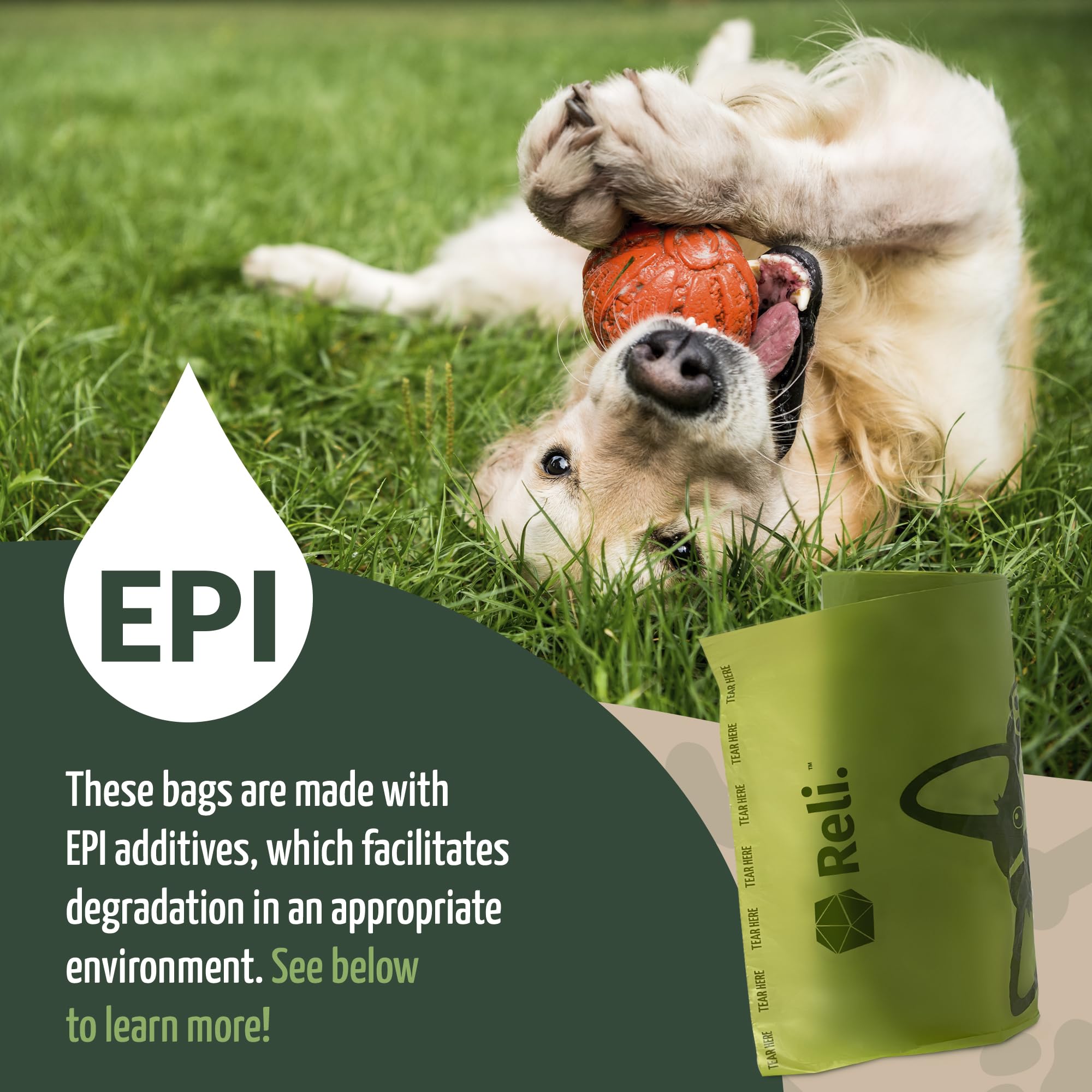 Reli Biodegradable Dog Poop Bags oxobiodegradable formula supports eco-friendly waste management.