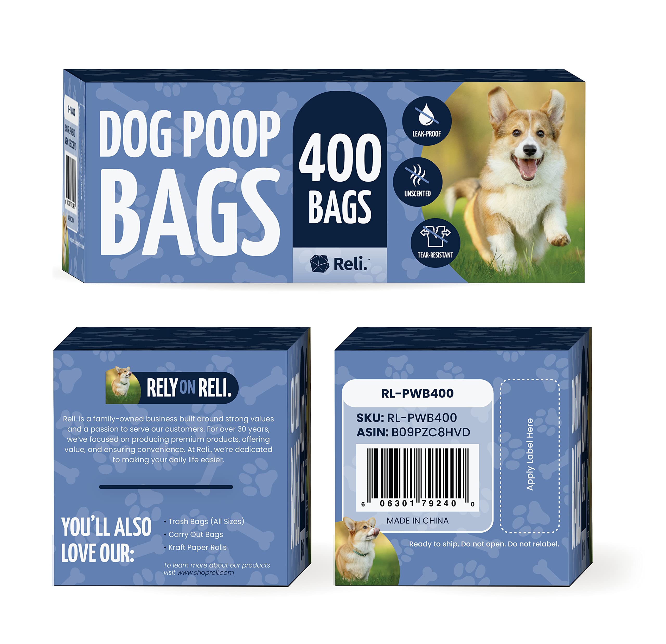 Reli black 9x13-inch bags hide contents for tidier walks
