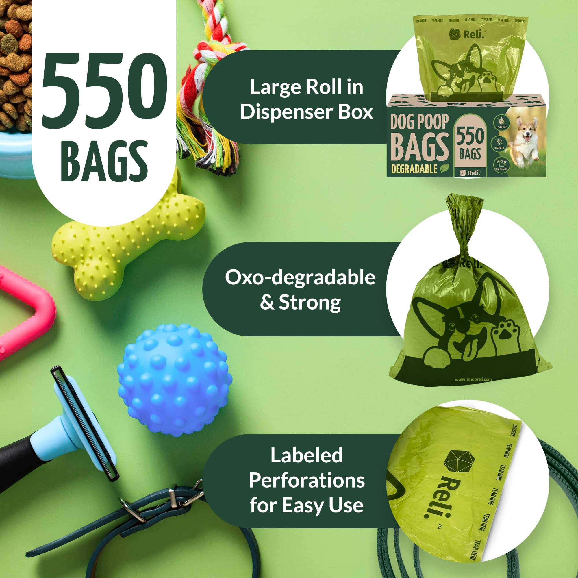 Reli leak-proof, tear-resistant bags protect your hands during cleanup.