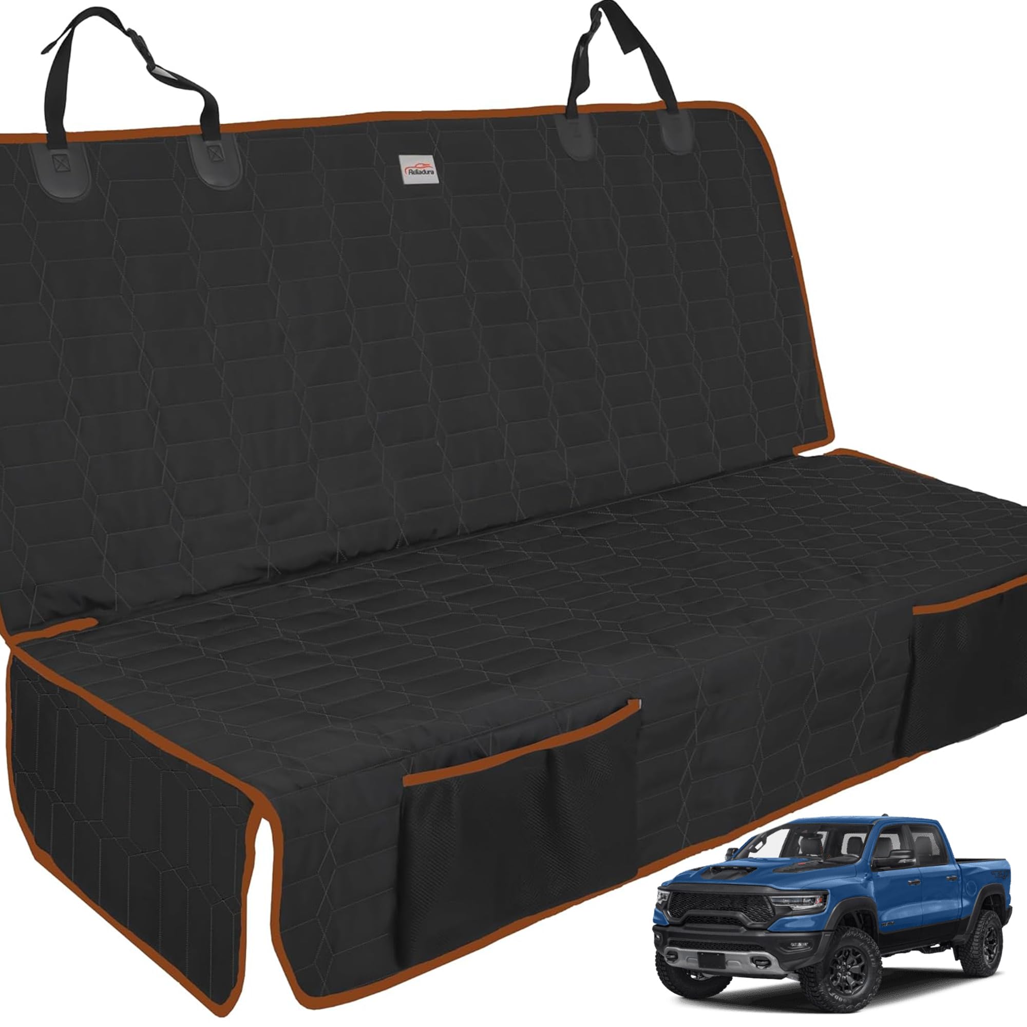 Reliadura back-seat-cover installed in a truck for dogs during road trips.