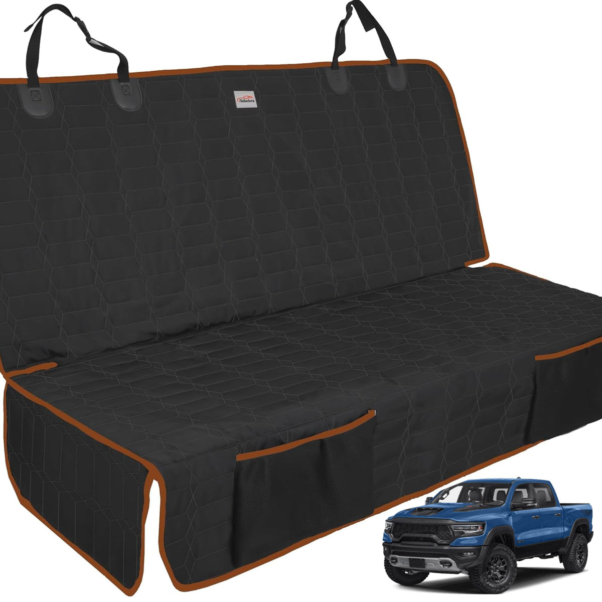 Reliadura back-seat-cover installed in a truck for dogs during road trips.