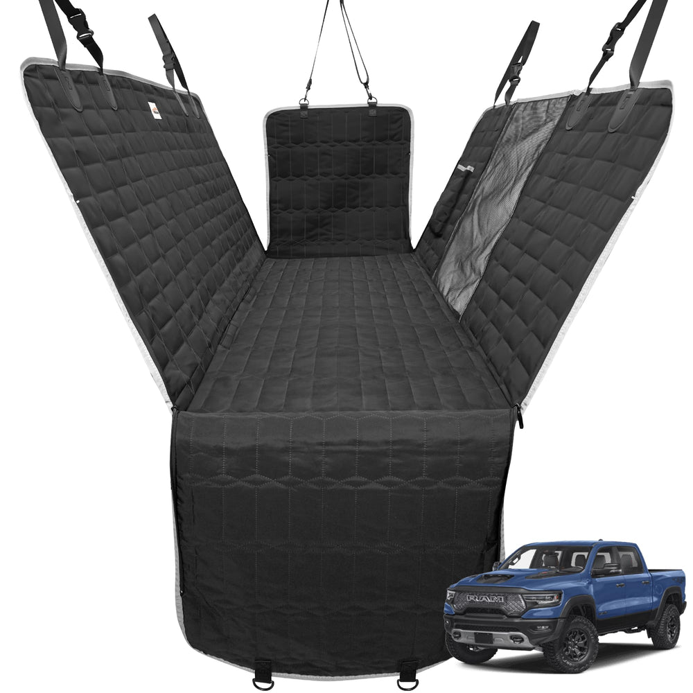 Reliadura dog hammock for truck with full coverage protects leather seats from dirt, hair, and scratches.