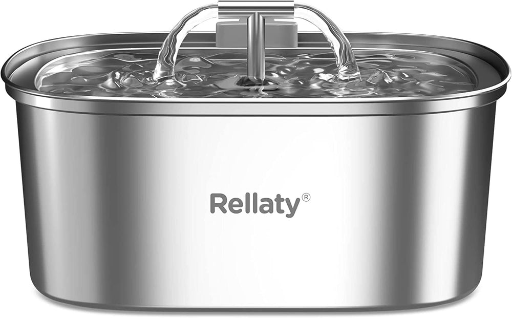 Rellaty cat water fountain in stainless steel, a durable daily drinking station for pets.