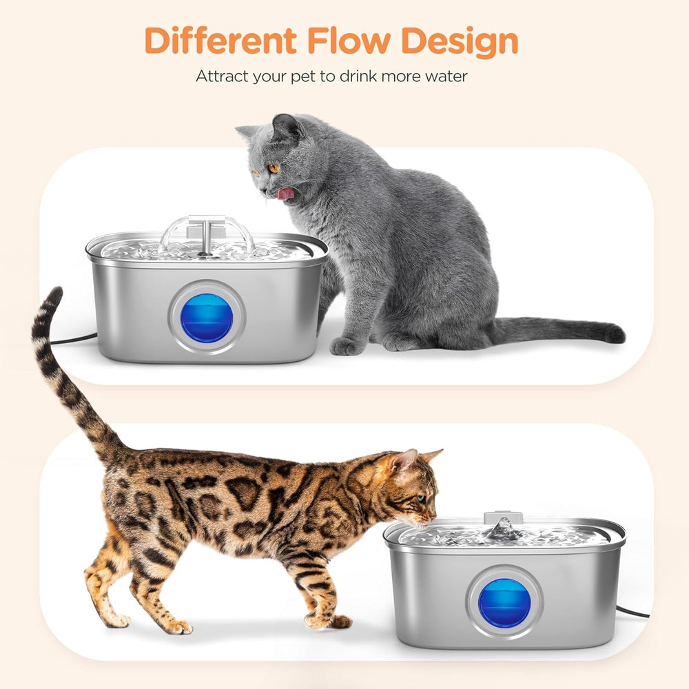 Rellaty cat fountain stainless-steel filtration system image conveys quadruple filtration for clean-tasting water.