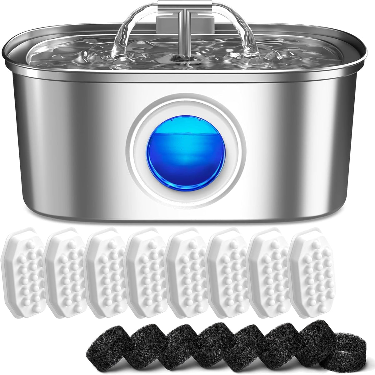 Rellaty cat water fountain stainless-steel front view promotes healthy hydration with flowing water.