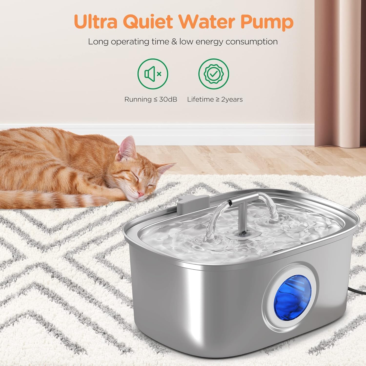Rellaty cat fountain stainless-steel pump quiet shot highlights ultra-silent operation for peaceful drinking.