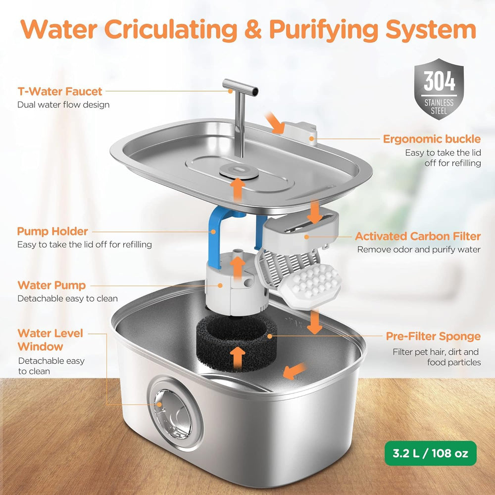 Rellaty cat water fountain stainless-steel side view highlights durable, easy-clean surface design.