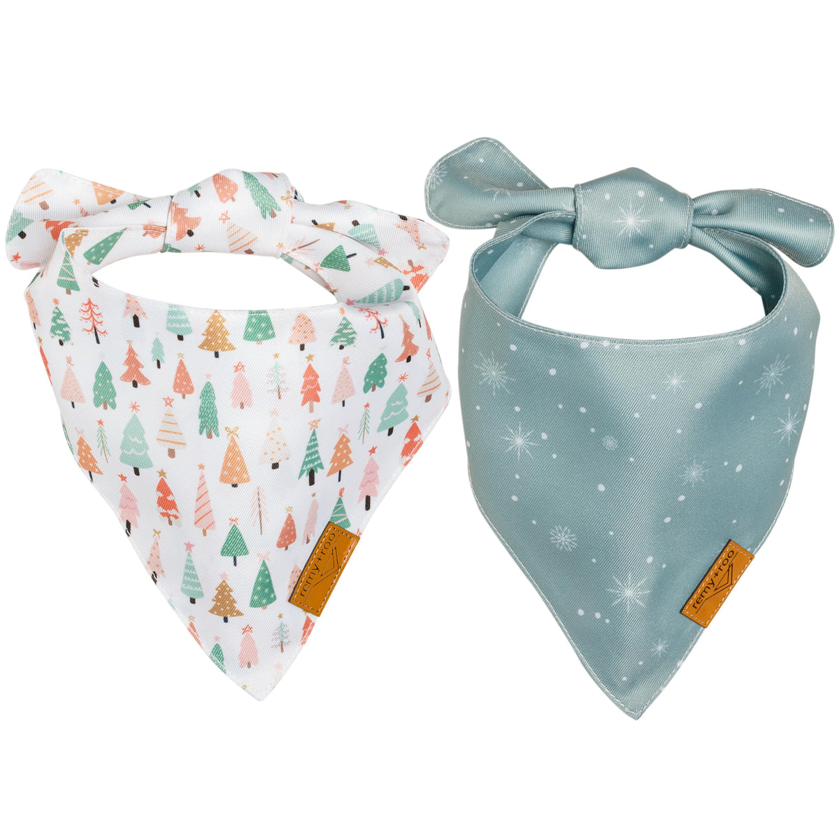 Remy+Roo Christmas two-pack dog bandana front view with festive patterns for photo moments.