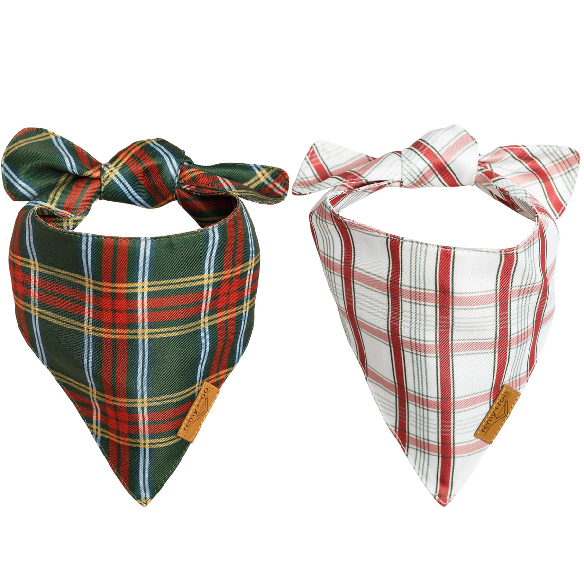 Remy+Roo two-pack dog bandanas worn on a dog for festive style