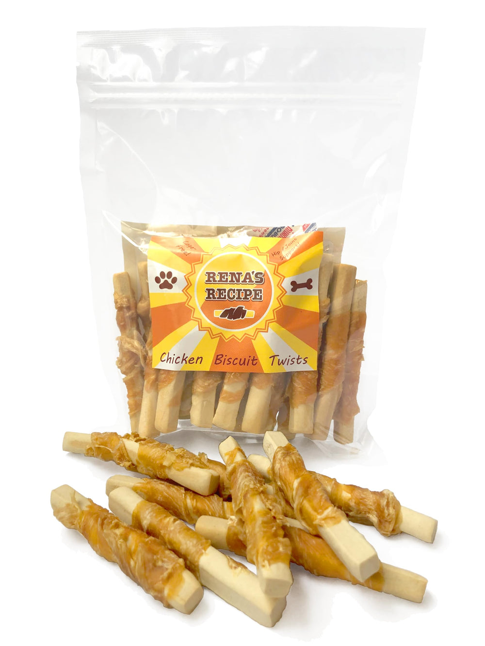 Rena's Recipe Chicken Biscuit Twists packaging shown for easy storage and gifting.