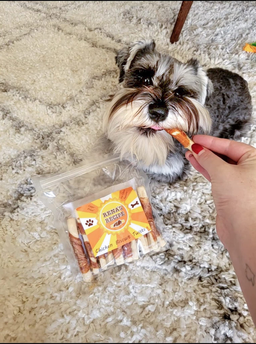 Rena's Recipe Twists served in bowl promotes a healthy treat moment for pets.