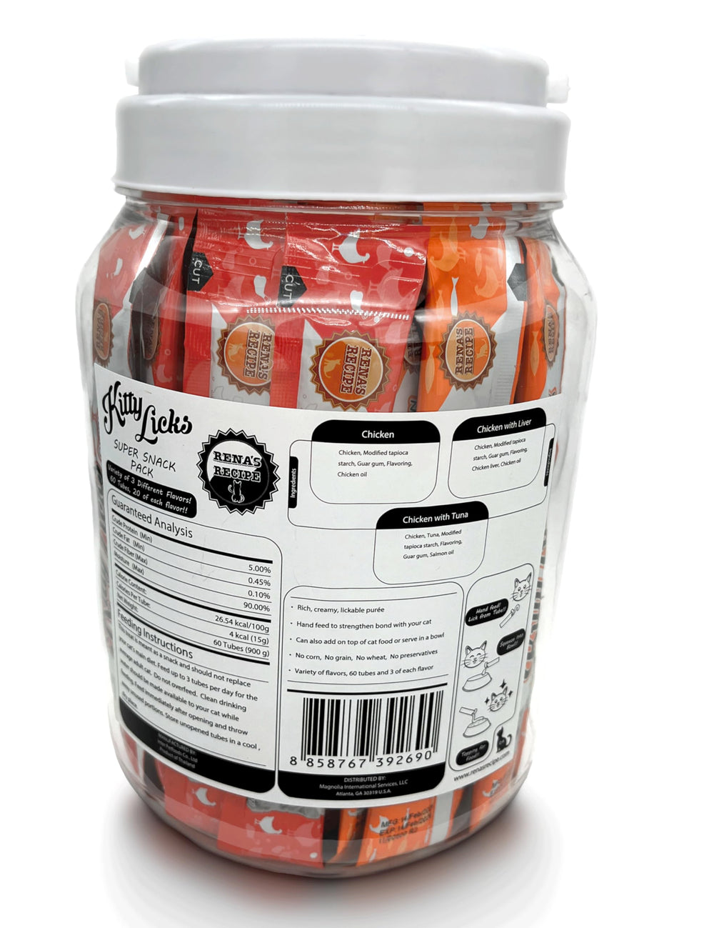 Rena's Recipe chicken flavor tubes close-up shows creamy lickable texture