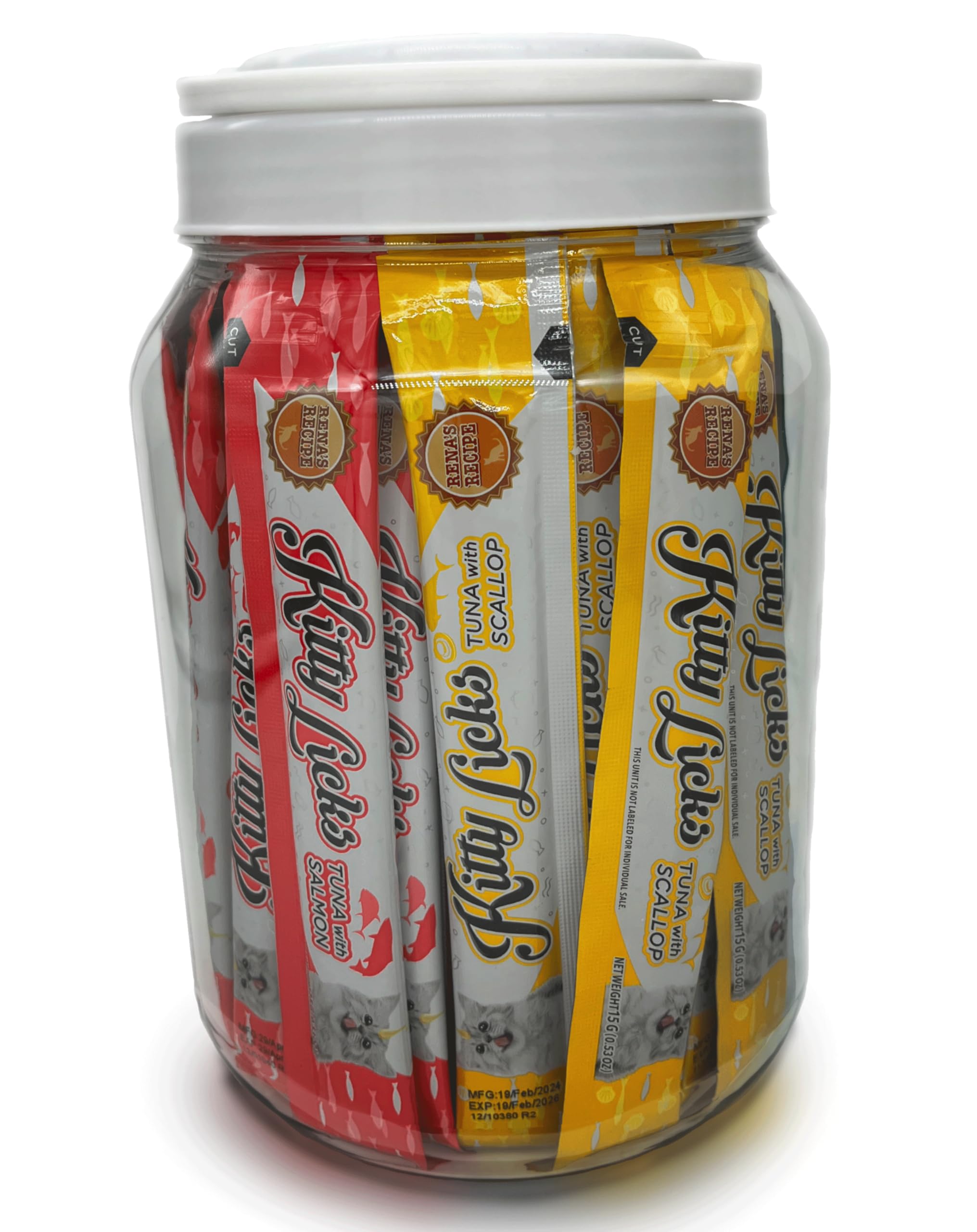Rena's Recipe Kitty Licks Tuna Barrel packshot with four flavors for variety.