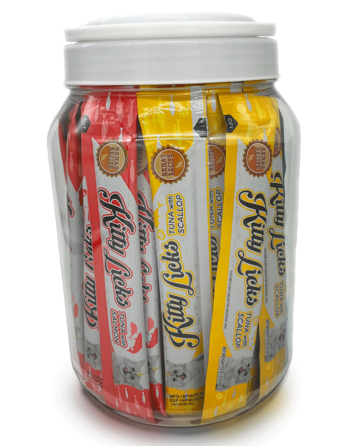 Rena's Recipe Kitty Licks Tuna Barrel packshot with four flavors for variety.