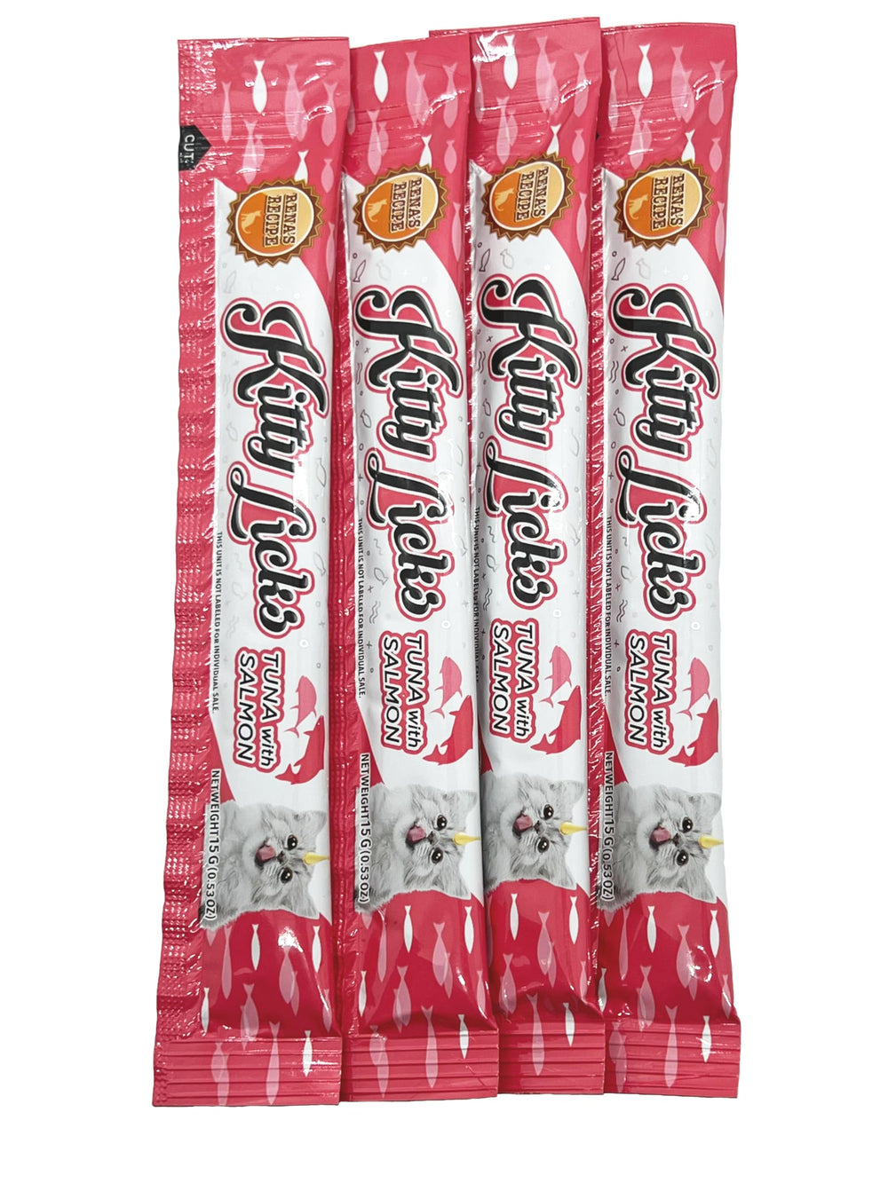 Rena's Recipe Kitty Licks Tuna Barrel topping on kibble to boost meals.