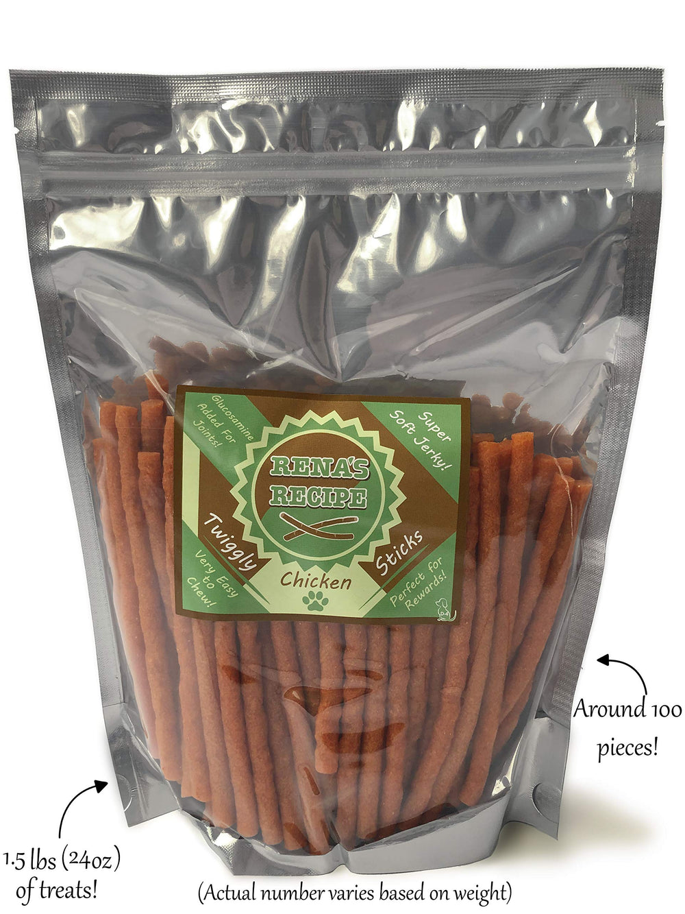 Rena's Recipe Twiggly Chicken Sticks closeup shows soft texture ideal for easy chewing.