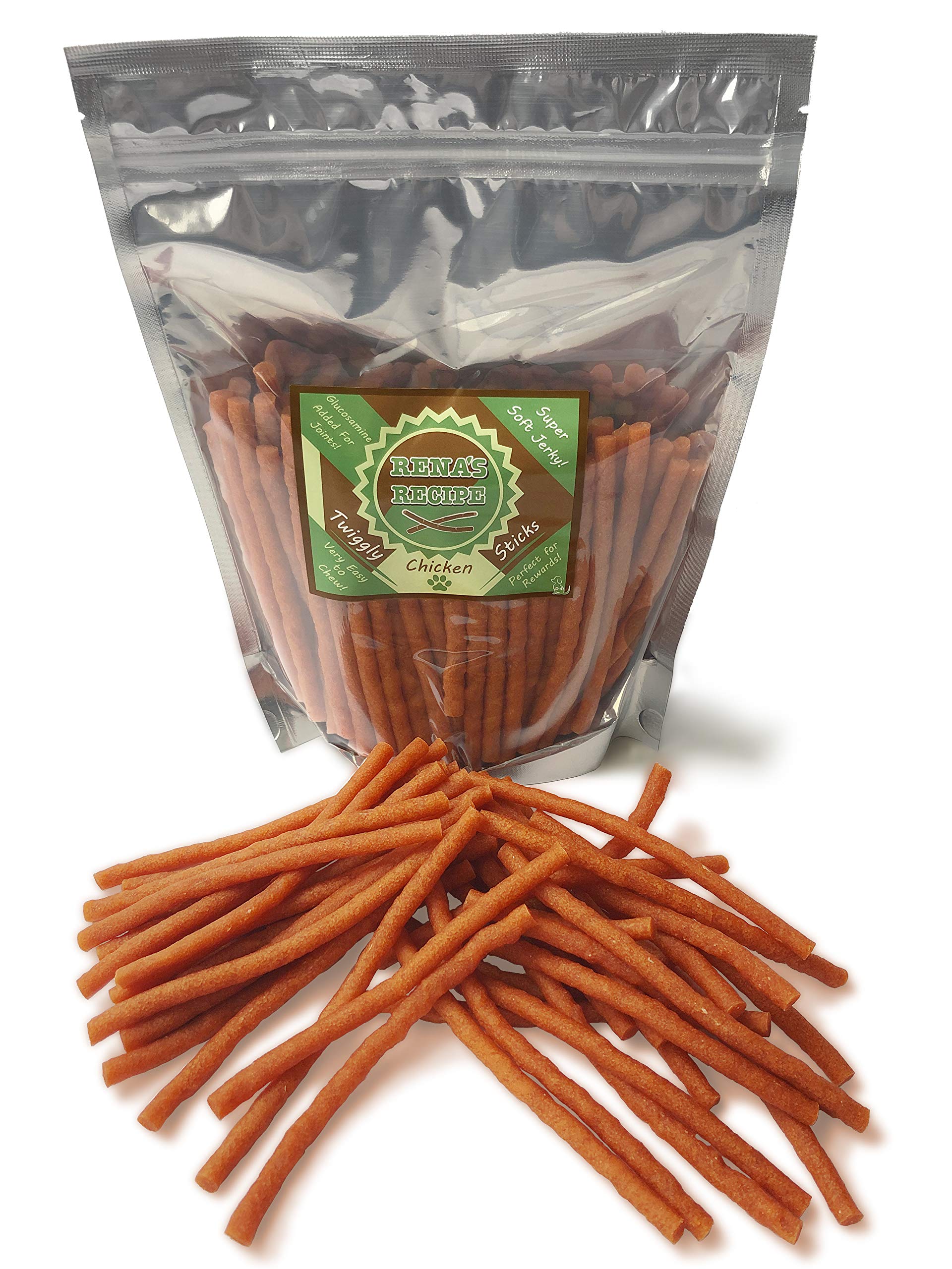 Rena's Recipe Twiggly Chicken Sticks pack shot for bulk rewards and training.