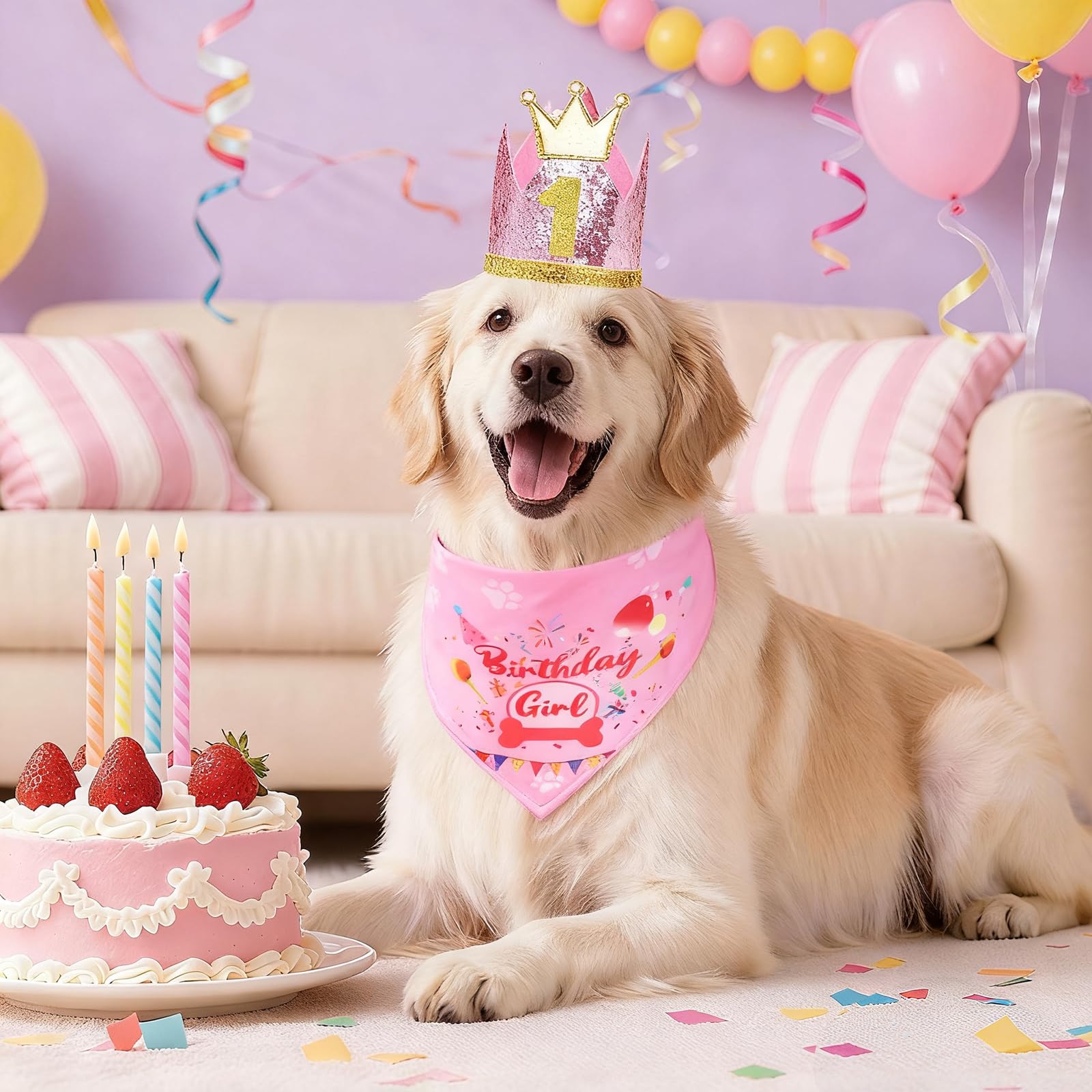Rensh dog birthday hat pink closeup with adjustable buckle for secure fit.