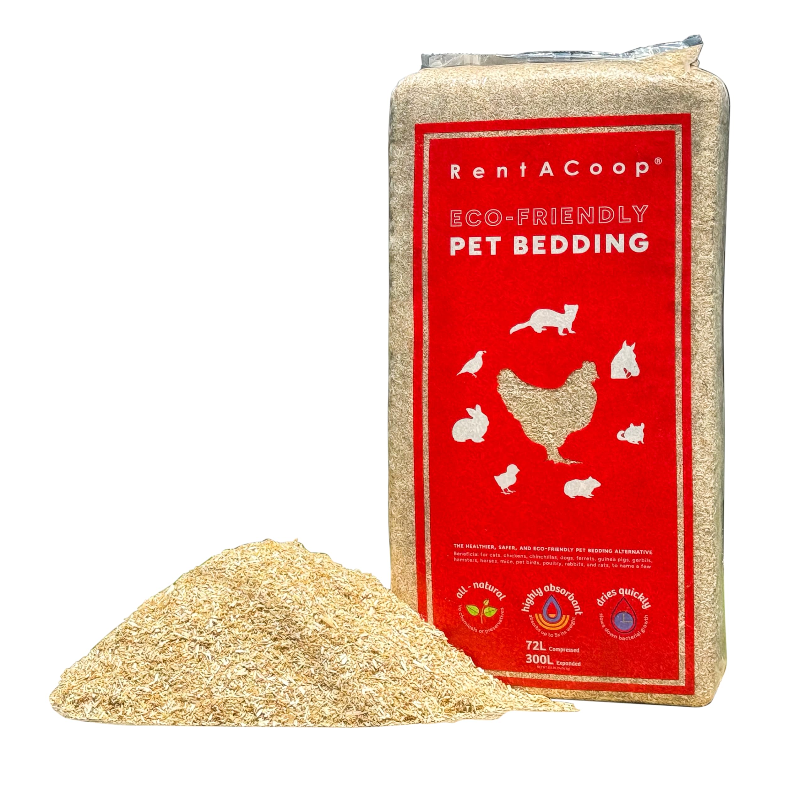 Rentacoop 300L bale coverage demonstrates bulk bedding for large flocks and fewer restocks.