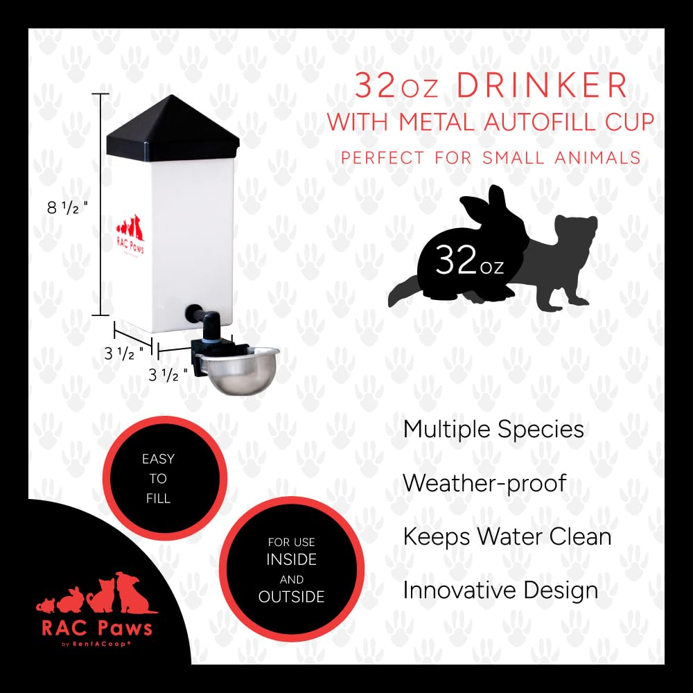 RentACoop auto-fill metal cup for continuous hydration with minimal effort.