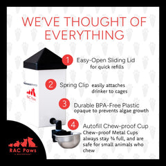 RentACoop flip-top lid and see-through bottle for easy refills without cage removal.