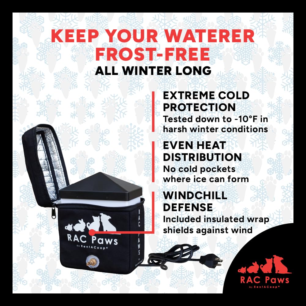 RentACoop RAC Paws Zero Chill Drinker lid open shows insulated cover for winter