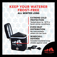 RentACoop RAC Paws Zero Chill Drinker lid open shows insulated cover for winter