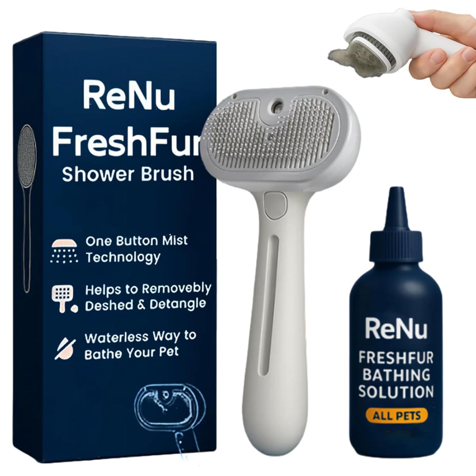 ReNu FreshFur dog brush front view shows ergonomic grip for grooming