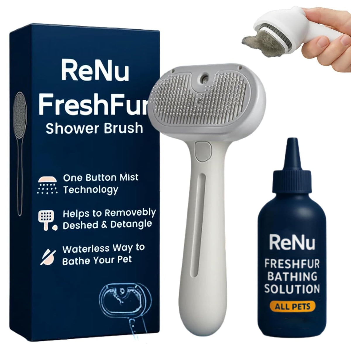 ReNu FreshFur dog brush front view shows ergonomic grip for grooming