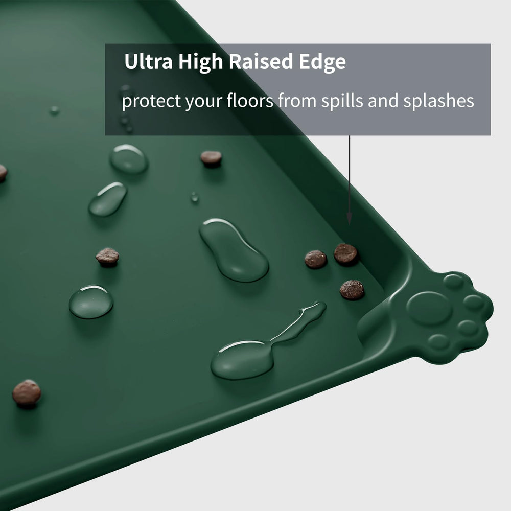 Reopet feeding mat with bowls on floor demonstrates mess containment