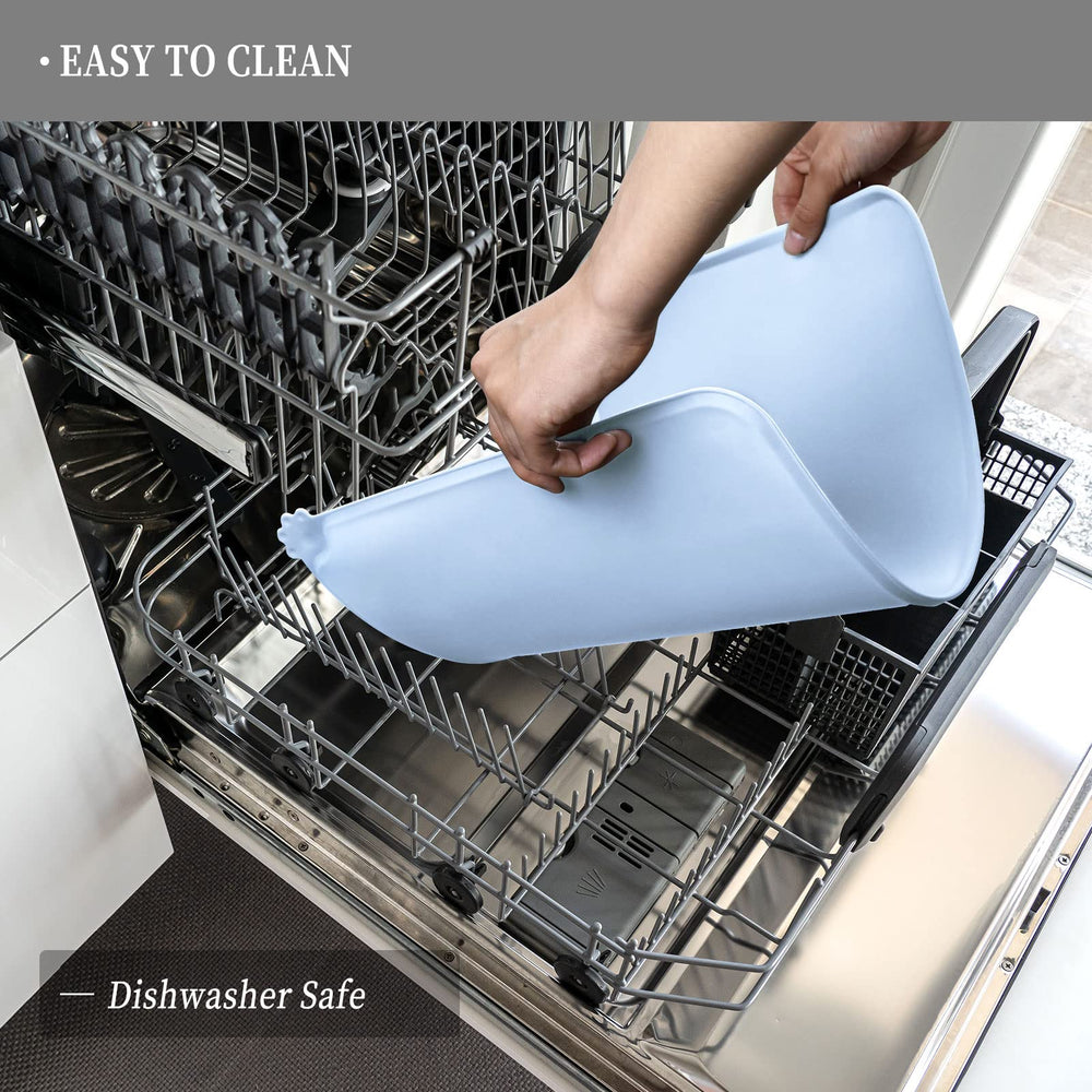 Reopet mat being cleaned for quick, easy maintenance after feeding.