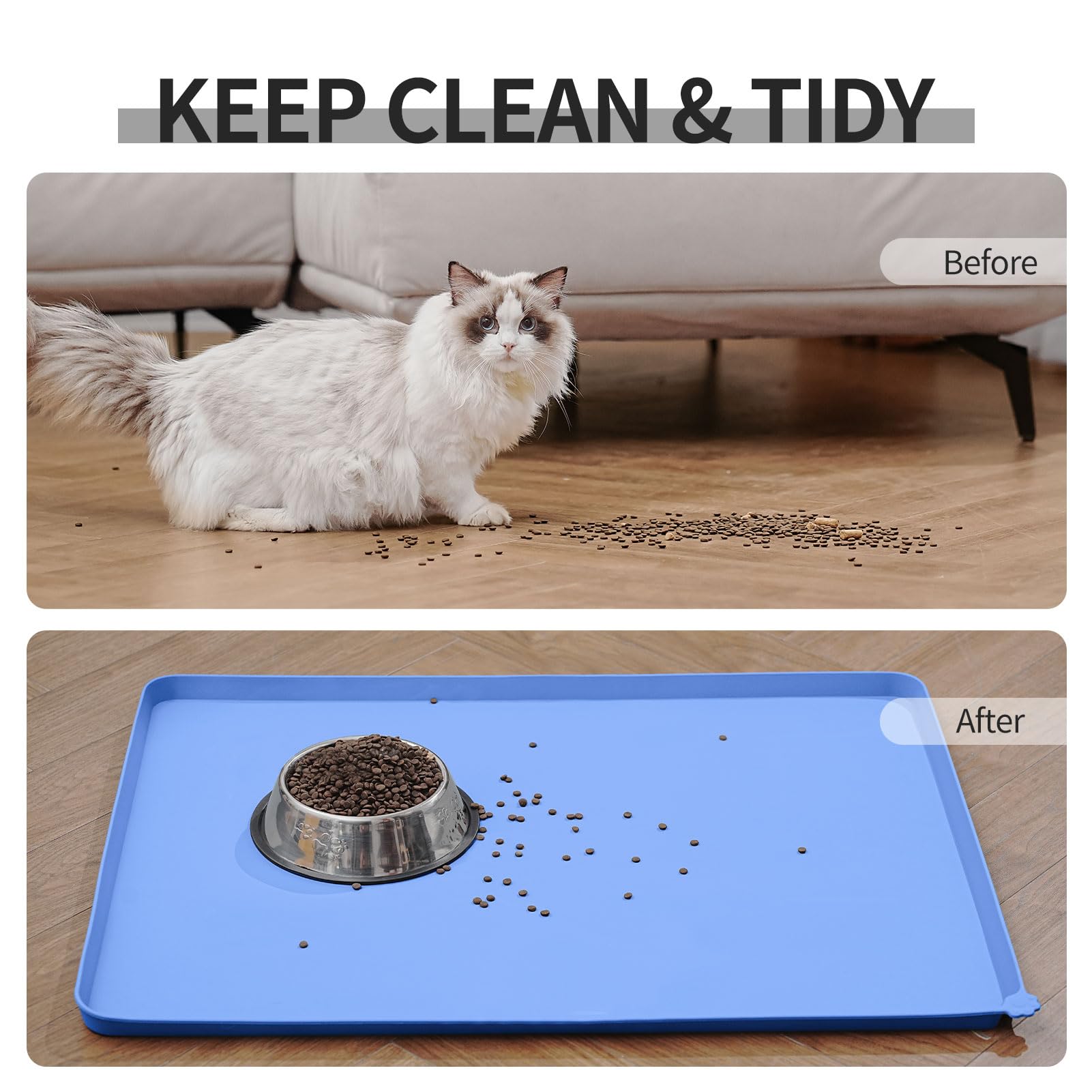 Reopet mat with high edges provides floor protection from spills.