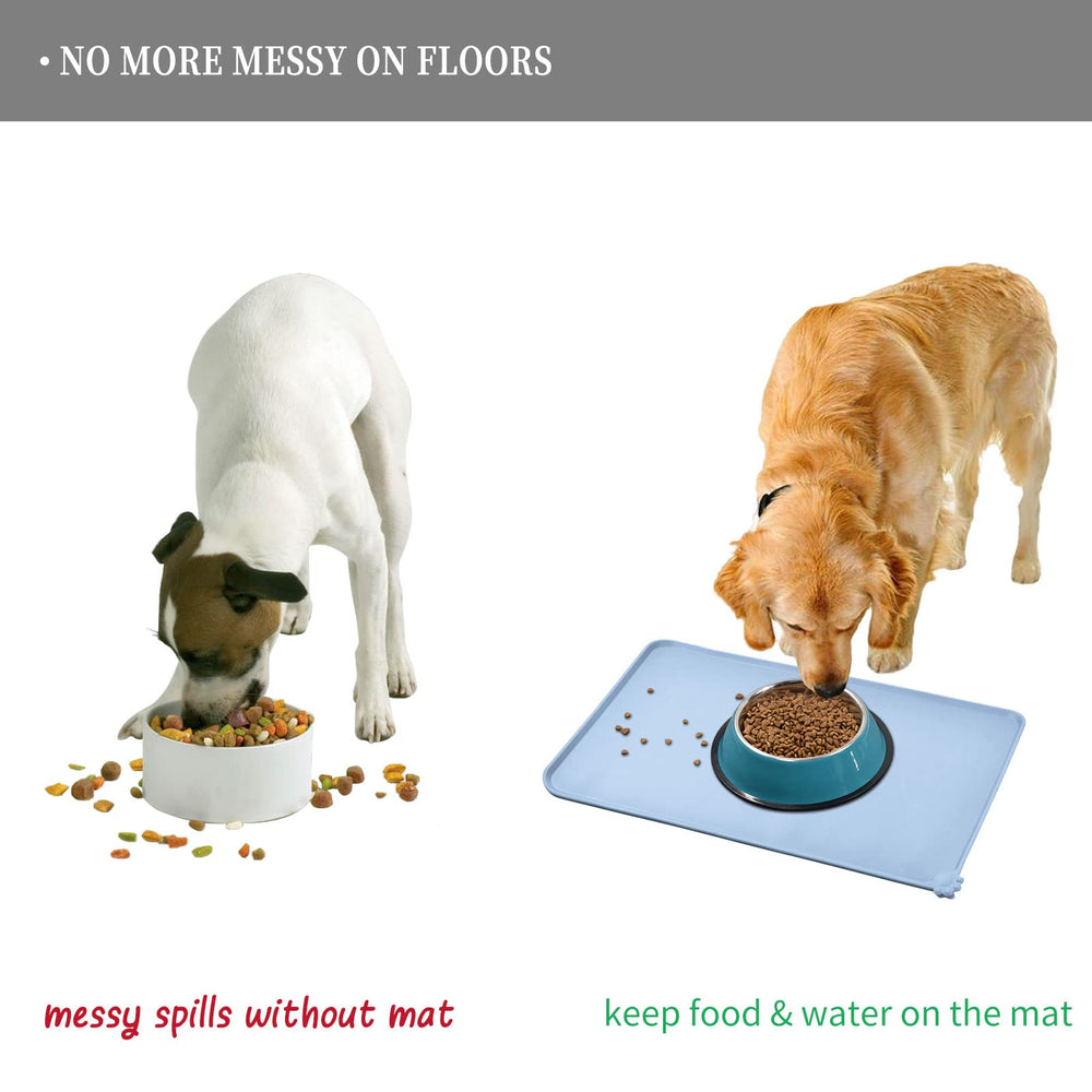 Reopet mealtime mat under pet bowls for tidy dog and cat meals.